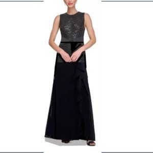 RALPH LAUREN WOMEN'S BLACK SLEEVELESS GOWN FEATURING SCOOP NECK SEQUIN TOP